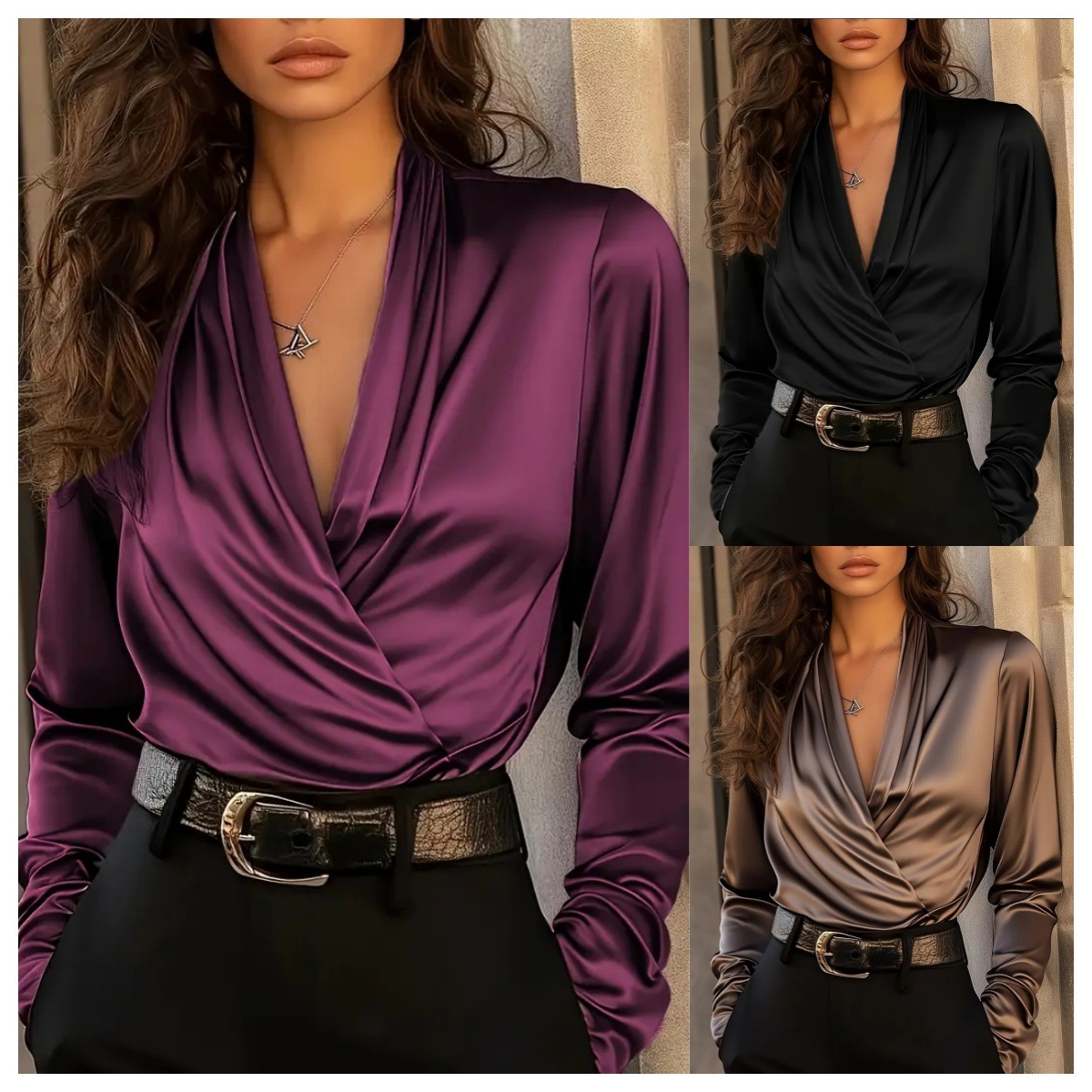 Women Formal Blouses For Evening Wear - Damen Satin Wickelbluse mit V-Ausschnitt und