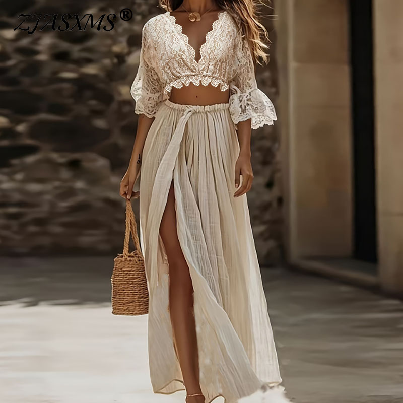 Women'S Formal Wear Suit - Damen Boho-Spitzen-Zweiteiler: Sexy Crop-Top mit tiefem