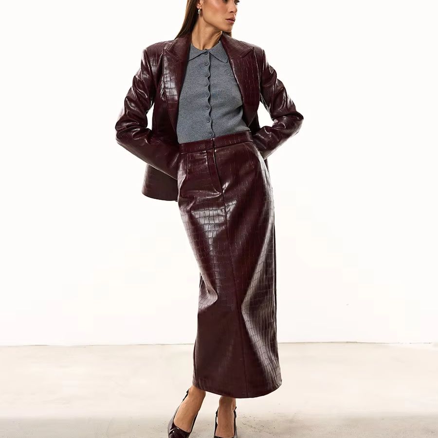 Women'S Formal Wear Suit - IG Damen Burgunderrotes Kroko-Kunstleder 2-Teiliges Anzug-Set