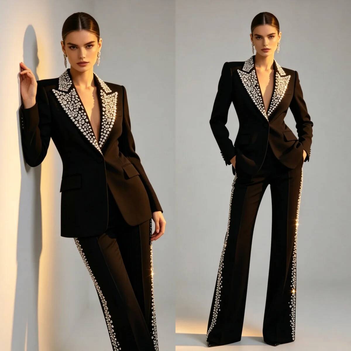 Women Formal Wear For Plus Size - Modische Kristall-Zweiteiler mit Spitzrevers-Jacke in Übergröße
