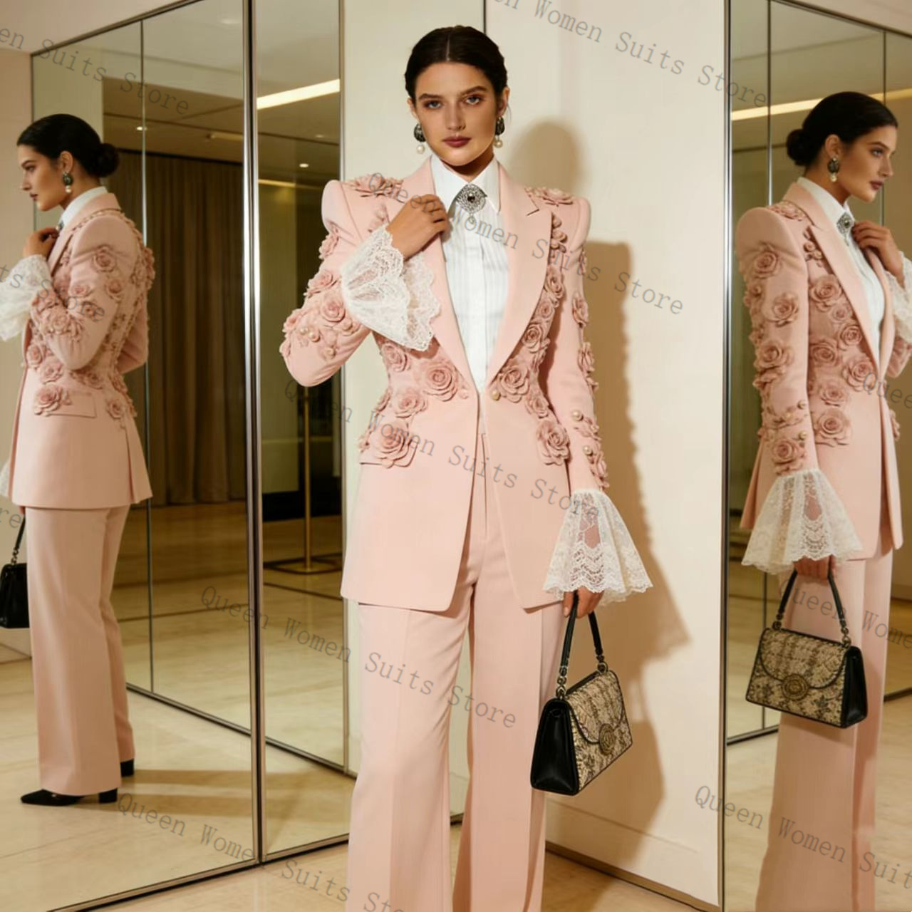 Women Formal Wear Outfits - Rosa Damen-Anzug-Set 2-teilig Blazer Hose 3D-Blumen