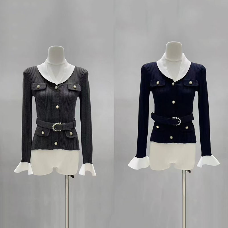 Women'S Formal Wear Cardigan - Kontrastfarbener, taillierter Strickcardigan mit V-Ausschnitt für