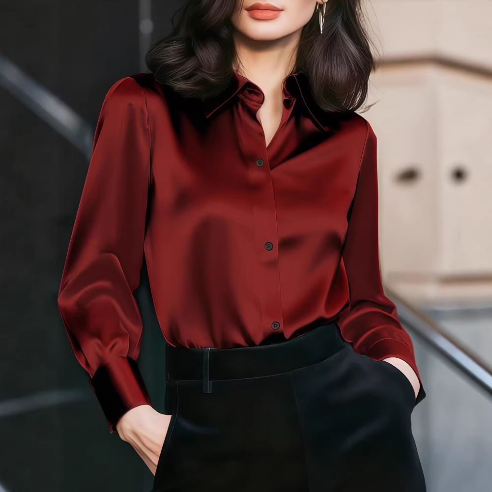 Women'S Elegant Formal Wear - Damen-Satinbluse mit Reverskragen, Knopfleiste, langen Ärmeln,
