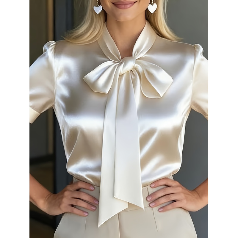Women Formal Wear With Tie - Elegantes Damen-Kurzarmhemd mit Schleifenkragen, einfarbig, Satinhemden